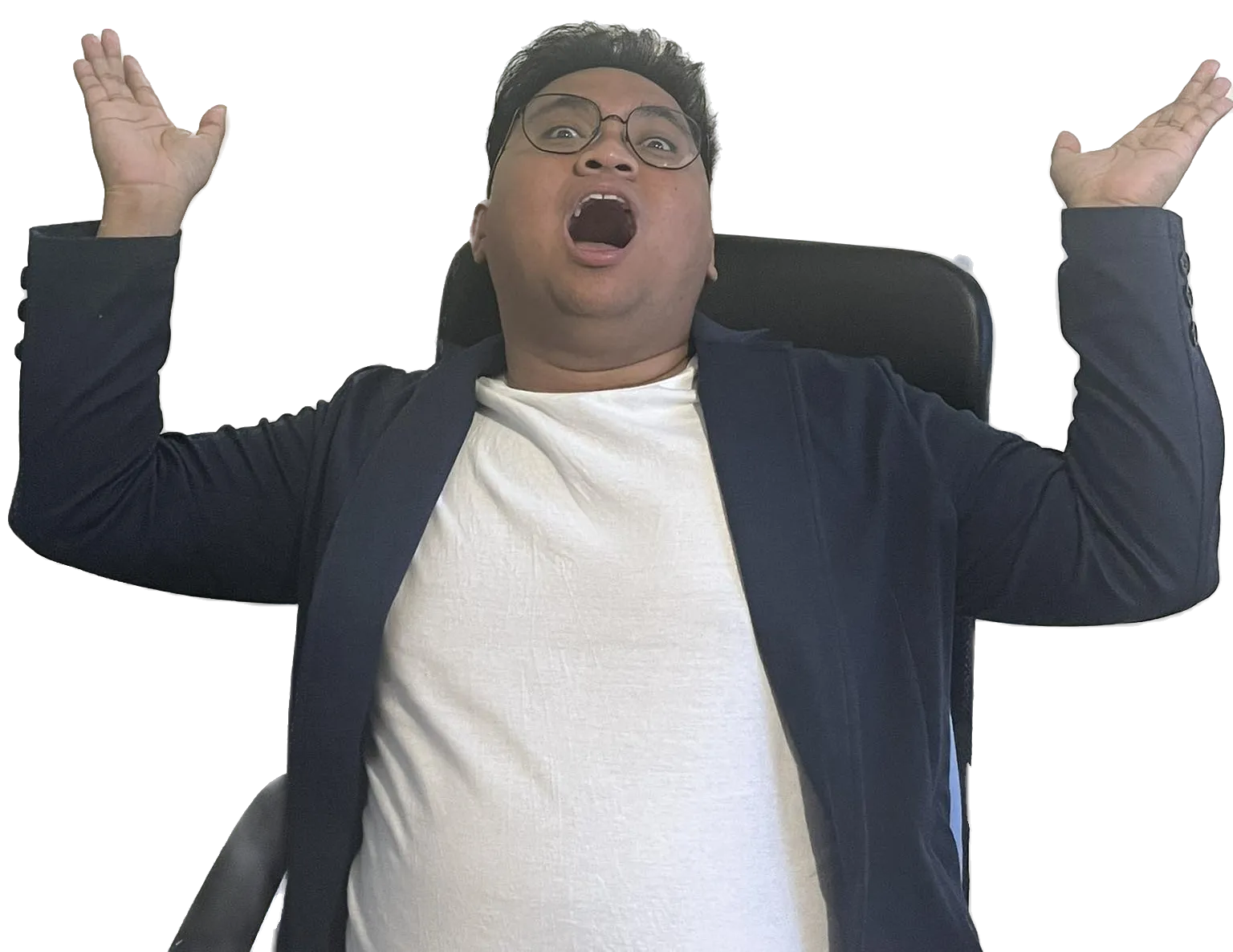 Joshua throwing both hands up, mouth wide open, in mock horror.