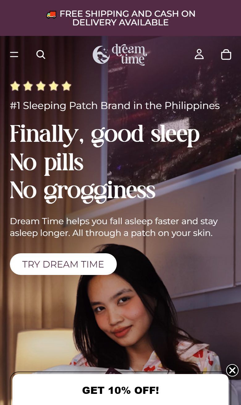 Dream Time homepage on a phone.