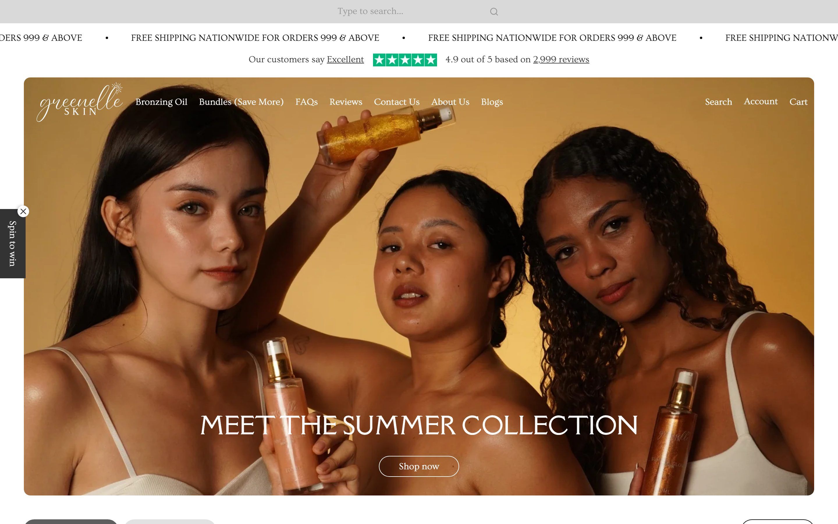 Greenelle Skin homepage on desktop: three women holding bottles of bronzing oil above the line “Meet the summer collection”.