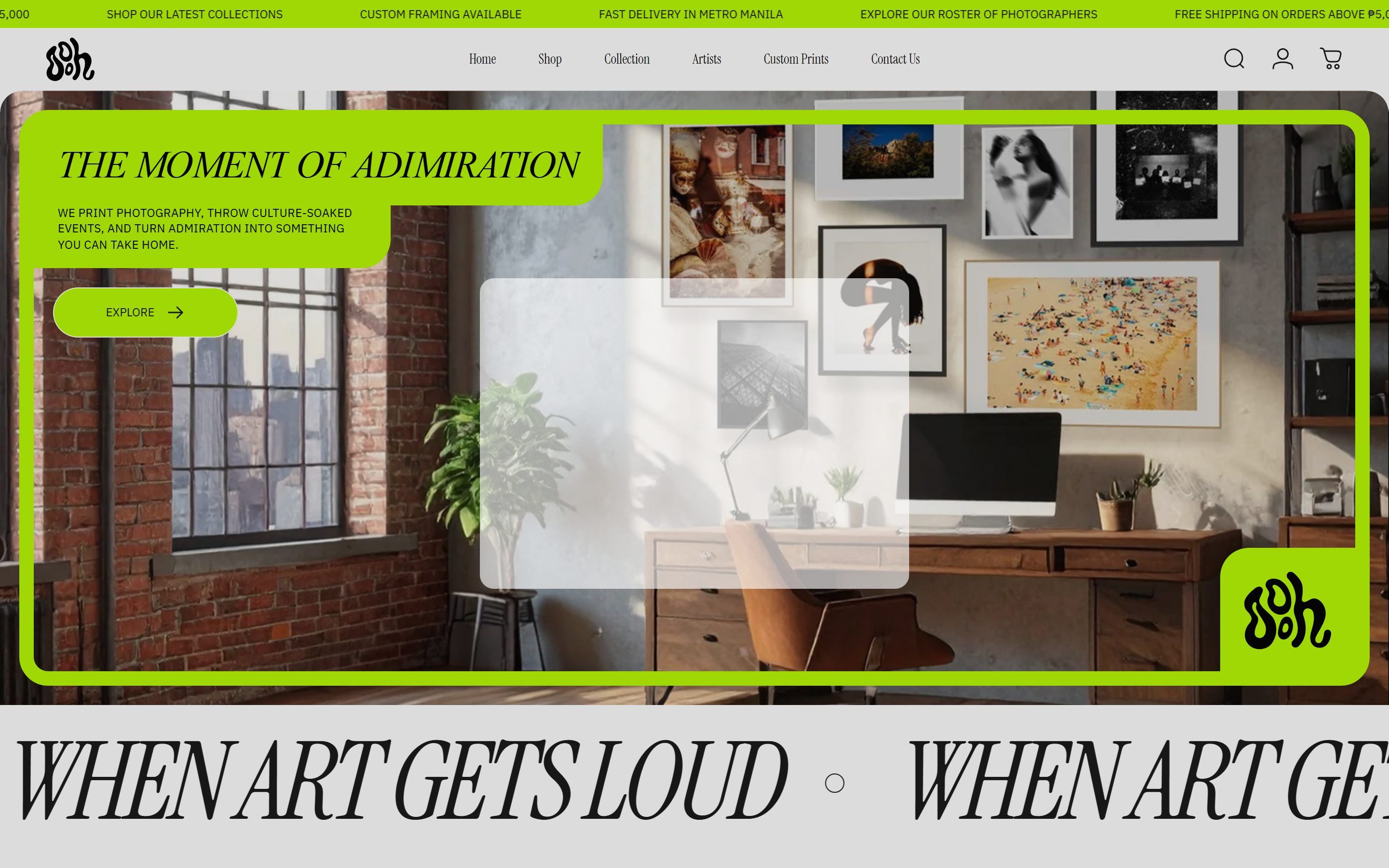 Ooh! homepage on desktop: framed prints on a studio wall under the headline “The moment of admiration”, with a lime green frame.