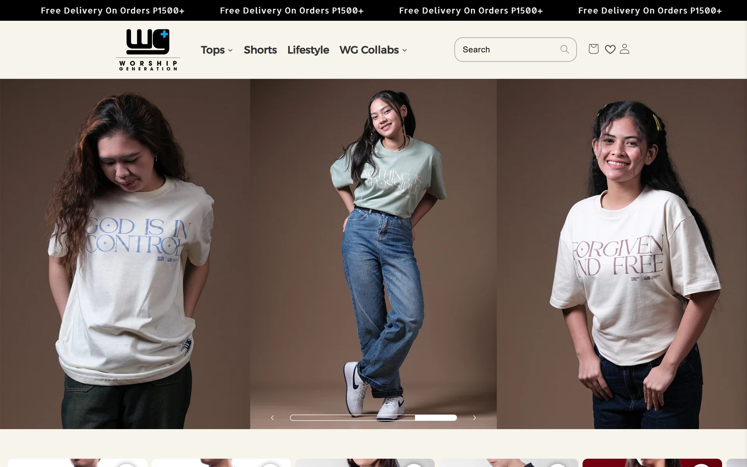 Worship Generation homepage on desktop: three models in printed T-shirts and jeans.